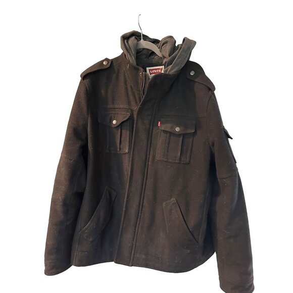 Levis Mens Black Wool Blend Field Jacket With Hood - Picture 1 of 7